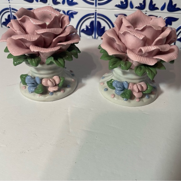 Vintage Set 1970’s Bisque Porcelain Handcrafted Rose Candle Holders on Pedestals - Picture 6 of 13